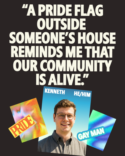 Quote graphic featuring Kenneth (he/him), a gay man, smiling in a headshot photo surrounded by colorful Pride-themed cards. Text reads: "A pride flag outside