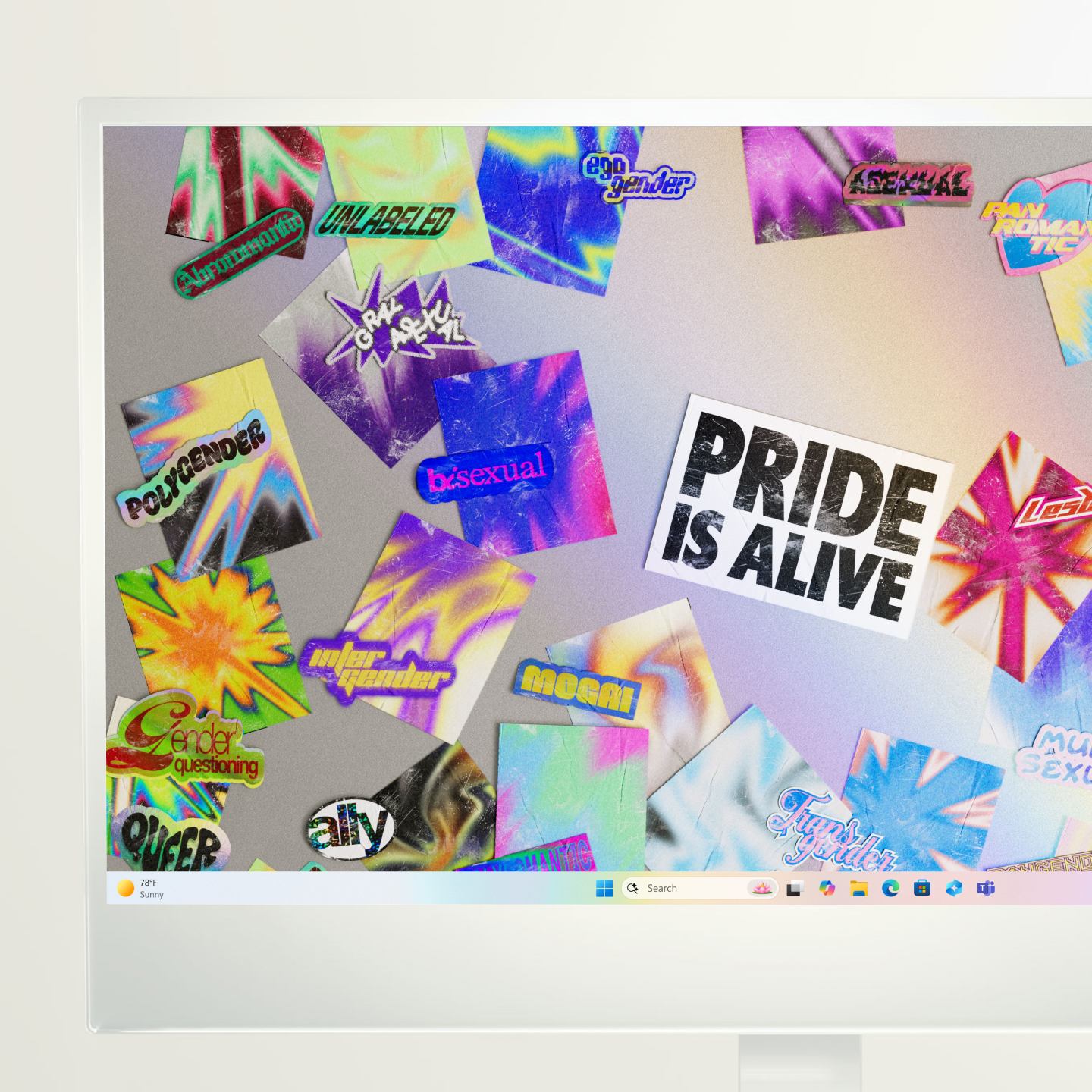 A computer monitor displaying a Windows desktop wallpaper featuring a collage of colorful holographic Pride-themed stickers with LGBTQ+ identity labels including