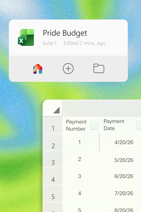 Microsoft Excel file titled "Pride Budget," last edited 2 minutes ago on June 1, shown as a recent file card with quick action icons below. A partially visible