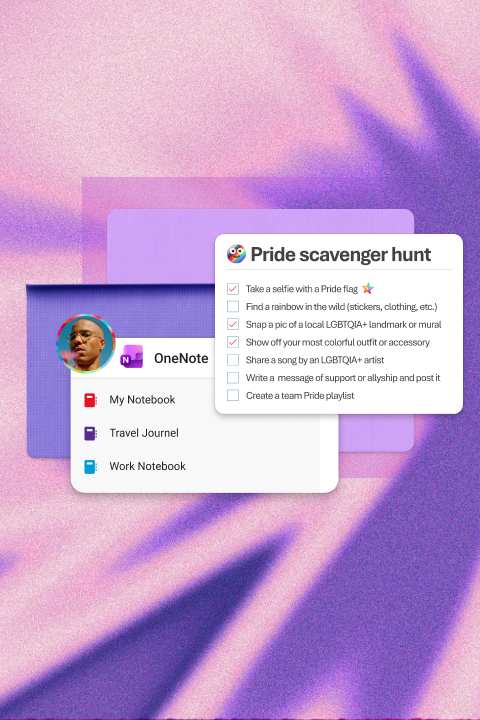 Microsoft OneNote interface showing a Pride scavenger hunt checklist with items including taking a selfie with a Pride flag, finding a rainbow in the wild, snapping