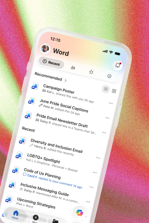 Microsoft Word mobile app displaying the Recent documents tab with Pride Month-related files including "Campaign Poster," "June Pride Social Captions," "Pride Email