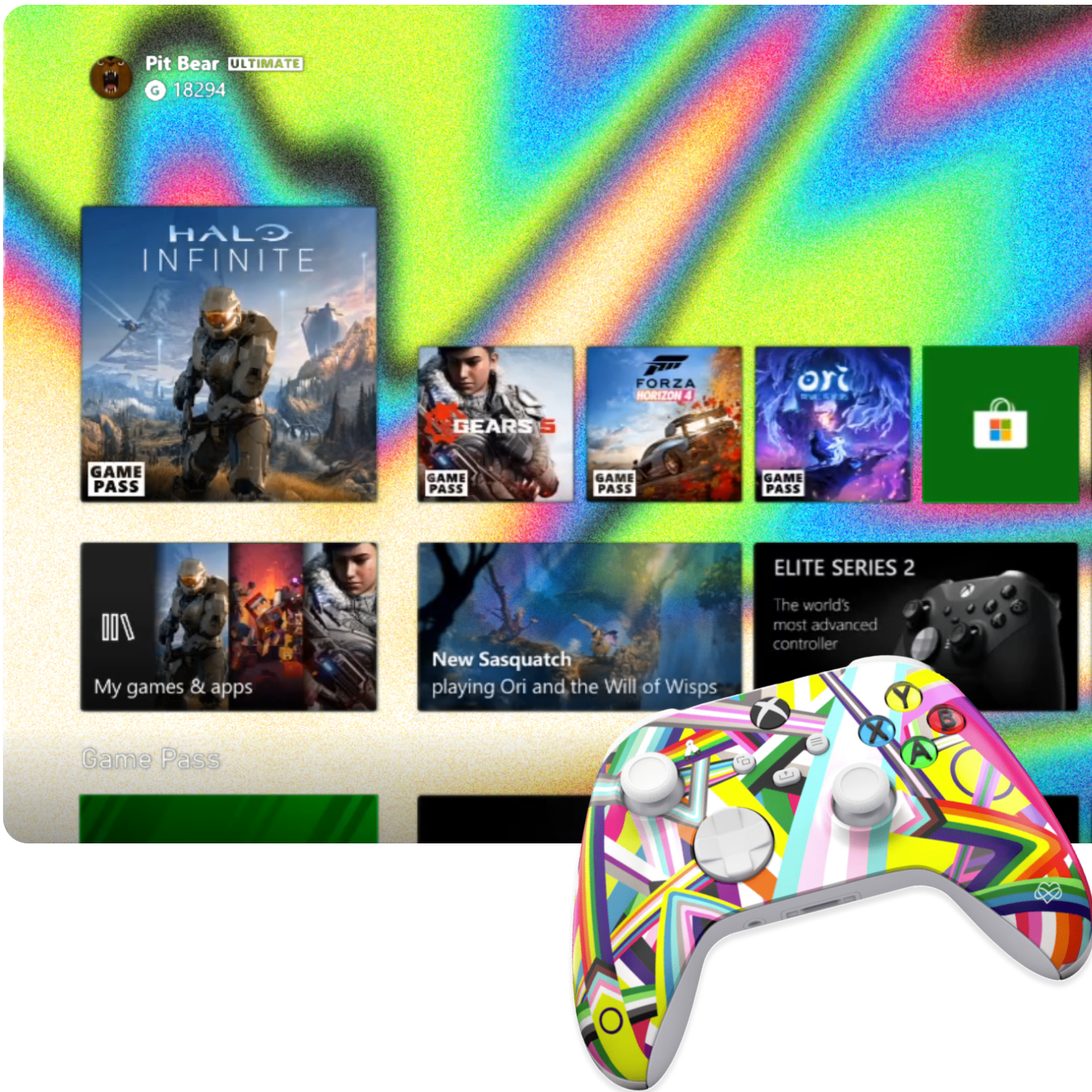 Xbox dashboard showing Game Pass titles including Halo Infinite, Gears 5, Forza Horizon 4, and Ori and the Will of Wisps, displayed against a colorful rainbow