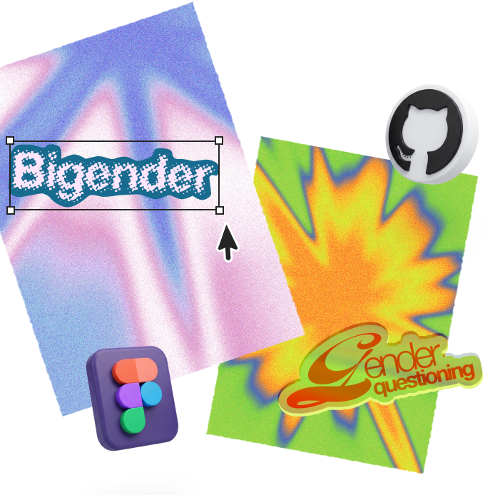 Collage of design assets including a "Bigender" pixel-style text graphic being selected in a design tool, a "Gender Questioning" retro sticker on a vibrant green