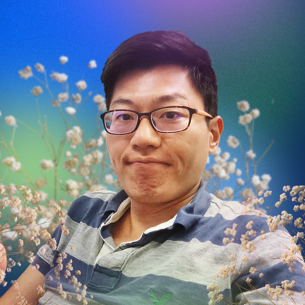 Clarence Ma smiling, wearing glasses and a striped polo shirt, surrounded by small white dried flowers against a blue-green gradient background