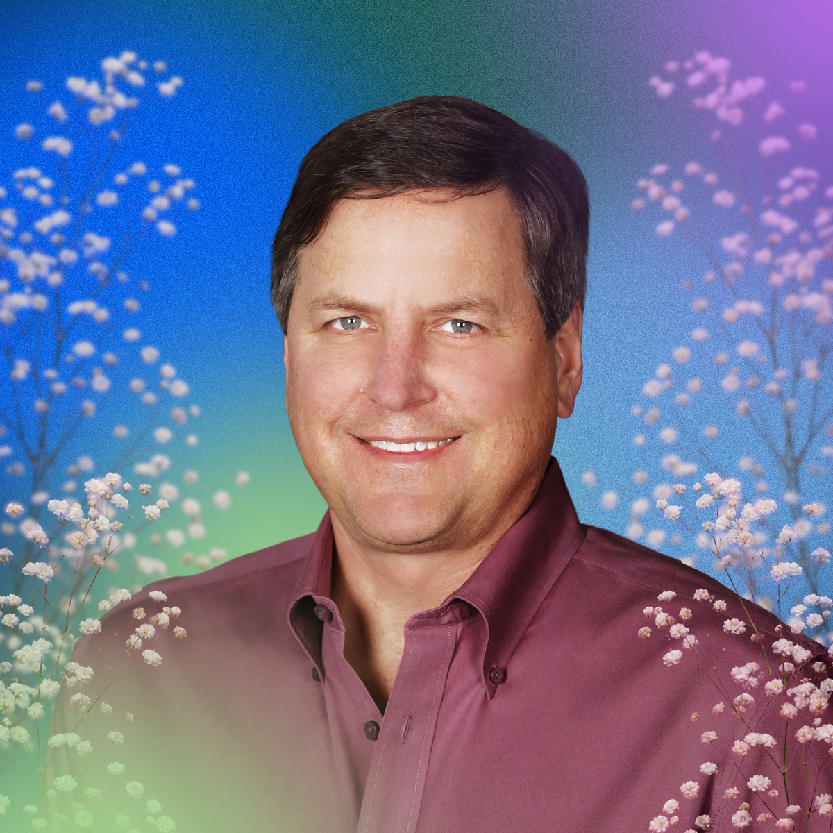 Headshot of Jeff Loth, a middle-aged man with short dark hair wearing a mauve button-up shirt, smiling warmly against a colorful blue, green, and purple gradient