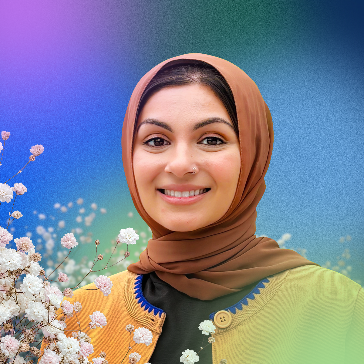 Nida Ahmed smiling, wearing a brown hijab and a colorful cardigan, against a blue and green gradient background with white and pink flowers