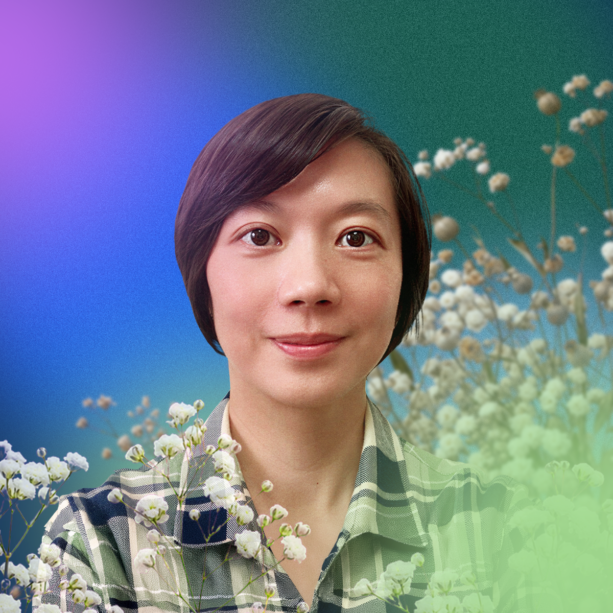 Peggy, a person with short dark hair and a gentle smile, wearing a plaid shirt, photographed against a colorful blue and purple gradient background with white