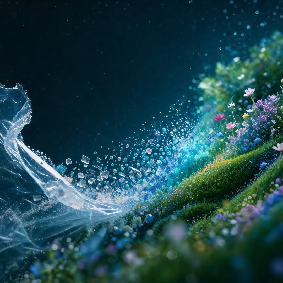 Fantasy digital artwork depicting a flowing wave of crystalline ice and glowing blue particles transforming into a lush green hillside blooming with colorful