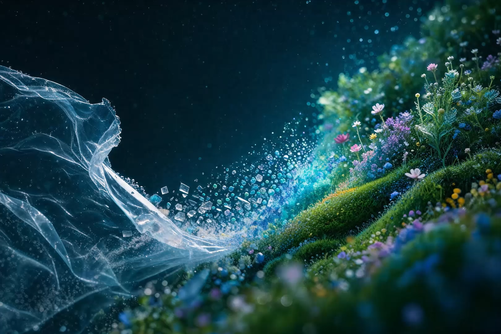 A fantastical digital artwork depicting a translucent wave of water or ice dissolving into glowing blue particles that flow across a lush green hillside blooming