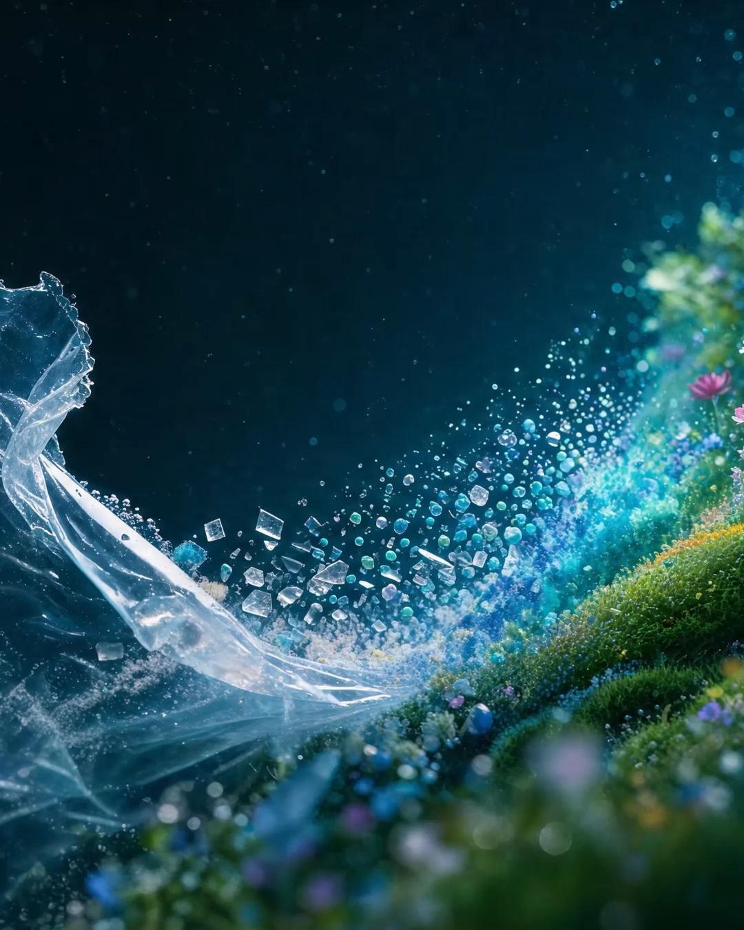 A translucent plastic bag disintegrating into fragments and microplastic particles against a dark background, transitioning into a vibrant flourishing meadow with