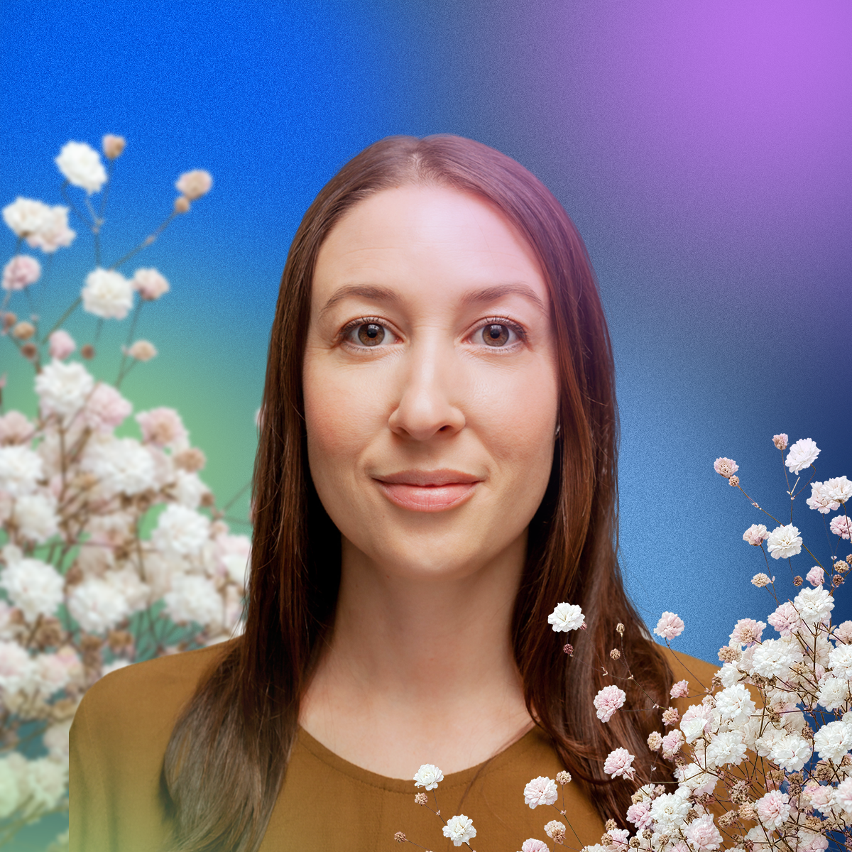 Headshot of Trista Brown, a woman with long brown hair wearing a mustard yellow top, surrounded by white and pink flowers against a blue and purple gradient