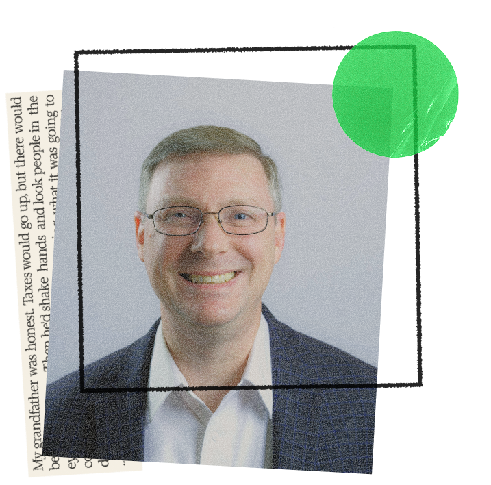 Dave Leichtman smiling, wearing glasses and a navy blazer over a white shirt, with a newspaper clipping and green circle graphic overlaid on the photo