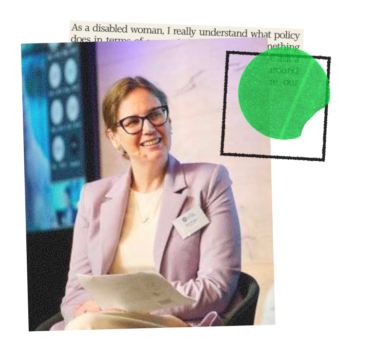 Rylin Rodgers smiling while seated at a panel event, wearing a lavender blazer, glasses, and a name badge, holding papers, with a quote overlay reading "As a