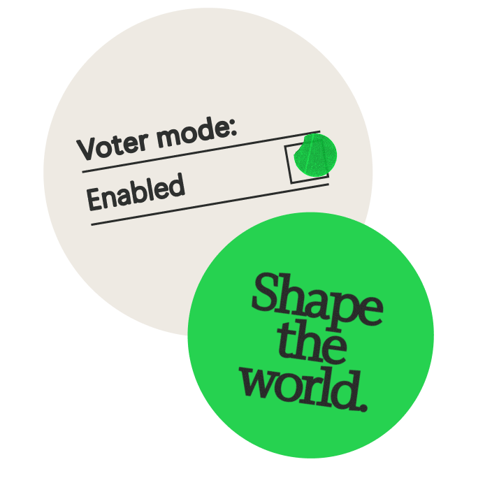 Two circular sticker designs: a beige sticker reading "Voter mode: Enabled" with a green toggle switch turned on, overlapping a bright green sticker reading "Shape
