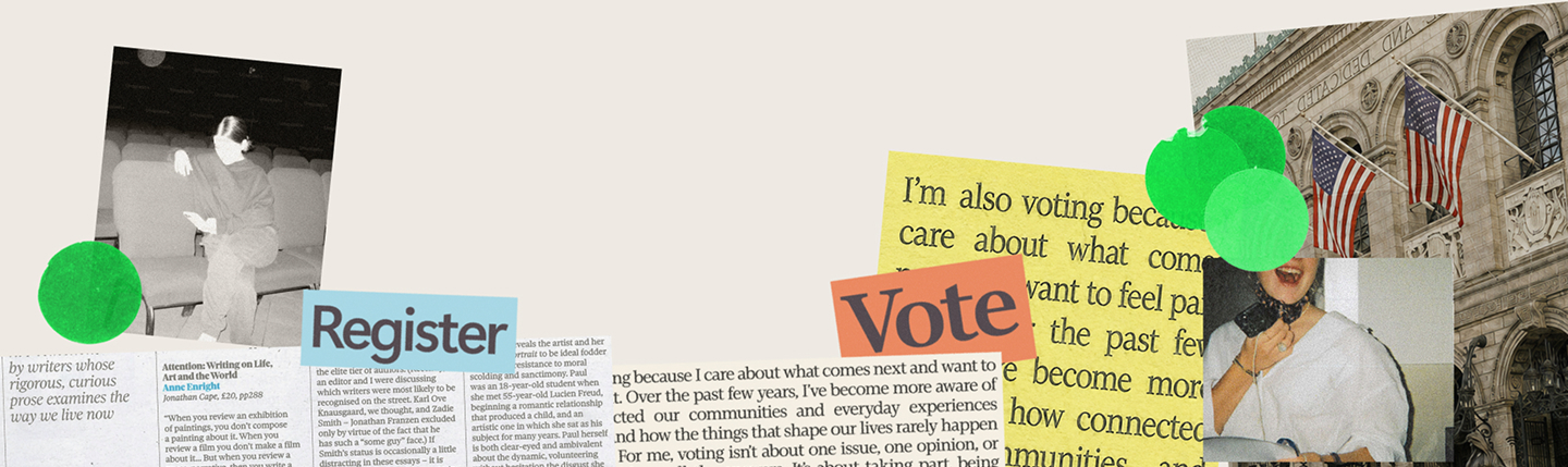 Collage featuring newspaper clippings, bold text reading "Register" and "Vote," a black-and-white photo of a person reading, a photo of a smiling woman, and an